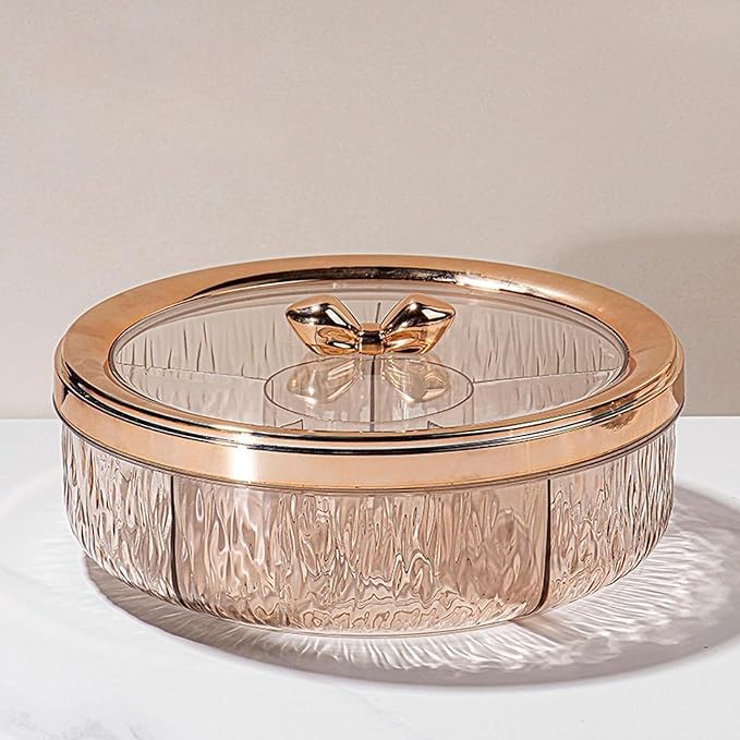 Divided Serving Tray with Transparent Lid Snack Tray Rotatable Base Appetizer Platter with 6 Compartments Dessert Dish Suitable for Gift Giving Home D, Rose Golden Bow