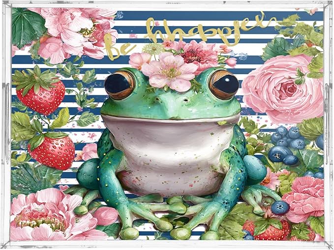 Serving Tray with Handles Clear Acrylic Tray 12x16 Inch Decorative Rectangular Tray Organizer for Ottoman Coffee Table Bathroom Be Happy Blue Striped Frog Floral Strawberry
