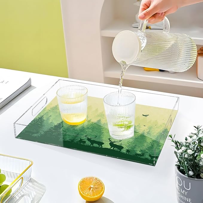 Serving Tray with Handles Clear Acrylic Tray 12x16 Inch Decorative Rectangular Tray Organizer for Ottoman Coffee Table Bathroom Gradient Yellow Green Deer Herd and Birds