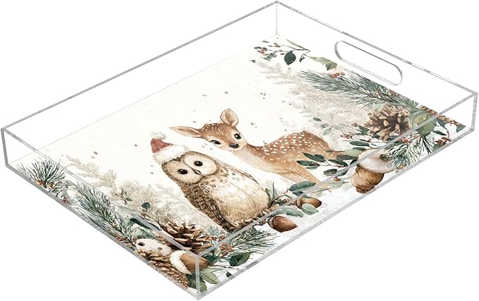 Serving Tray with Handles Clear Acrylic Tray 12x16 Inch Decorative Rectangular Tray Organizer for Ottoman Coffee Table Bathroom White Christmas Deer Owl Pinecorns Leaves