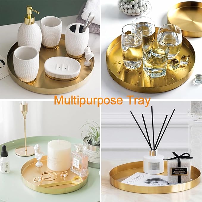 Beautiful Stainless Steel Round Tray - Gold Jewelry Dish & Makeup Organizer for Vanity, Bathroom, Dresser & Serving Tray for Drink, Breakfast, Tea, Dinner (L-12 inch)
