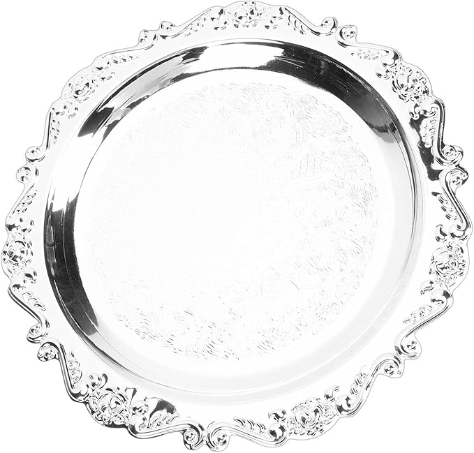Asixxsix Asixxsix Silver Serving Tray, Vintage Floral Engraved Decorative Tray with Floral Design for Party Food Appetizers Desserts Fruits Whiskey Charcuterie (25cm) (25cm)