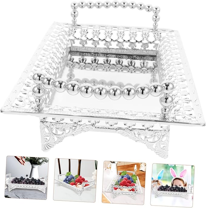 Unomor Nordic Style Metal Fruit Serving Tray with Handle 270# Silver Decorative Snack Plate for Parties and Entertaining Appetizer Storage Holder