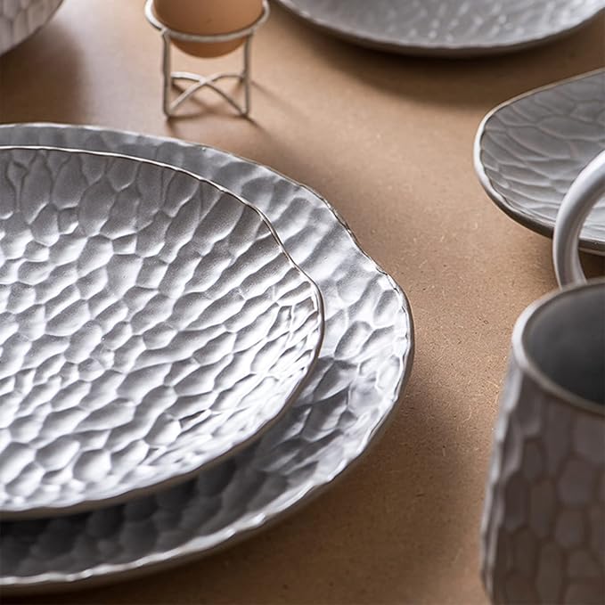Round Dinnerware Sets | White Kitchen Plates, Bowls, and Mugs | 17 Piece Stoneware Tableware Nordic Style| Dishwasher Microwave Safe | Service for 4