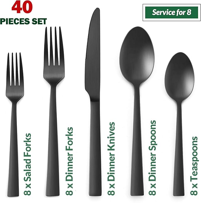 40-Piece Matte Black Silverware Set, E-far Stainless Steel Flatware Set Service for 8, Metal Cutlery Eating Utensils Tableware Includes Forks/Spoons/Knives, Square Edge