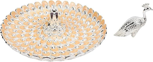 Zerodis Decorative Peacock Serving Tray, Zinc Alloy Fruit Platter, Elegant Storage Centerpiece for Home Kitchen Table, Snacks Cookies Display (Silver Orange)
