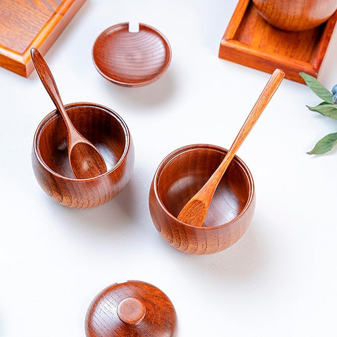 Hapivida Wood Salt Spice Box with Lid Spoon, Salt Cellar Salt Pepper Keeper Spice Bowls for Cooking Sugar Holder for Kitchen Seasoning Container Holder