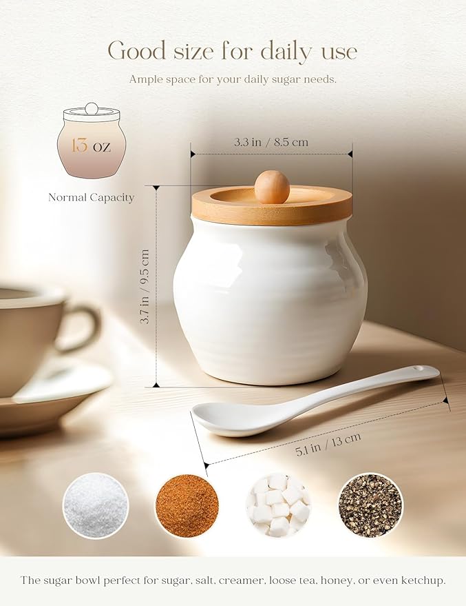 AISBUGUR Sugar Bowl with Lid and Spoon: 13oz Sugar Jar with Bamboo Lid,Ceramic Sugar Container for Coffee Bar - Countertop,Kitchen Decor, White