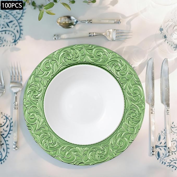 100 PCS Charger Plates Bulk, 13 Inch Embossed Rim Plastic Charger Plate Antique Round Service Plates Decorative Chargers Bulk for Table Setting Wedding Party Event(Green)