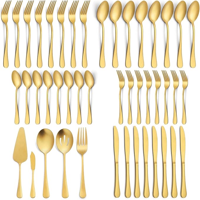 Vesteel 45 Pieces Gold Silverware Set with Serving Utensils, Stainless Steel Modern Flatware Cutlery Set for 8, Eating Utensils Tableware Include Forks Knives Spoons, Mirror Polished