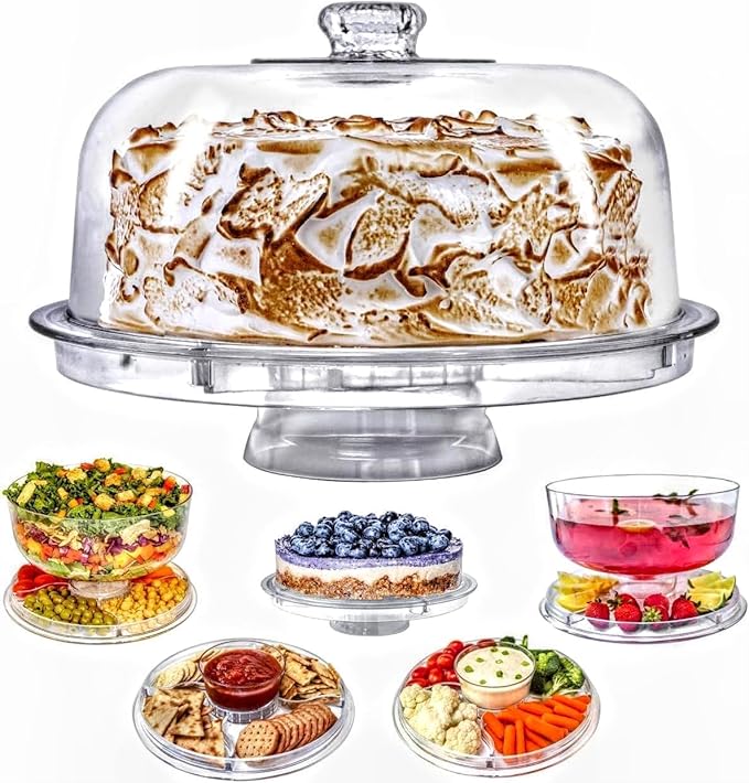 Cake Stand with Dome Cover, 6-in-1 Multi-Purpose Use, Cake Stand with Lid, Serving Platter, Punch Bowl, Desert Platter and More, BPA Free - Case of 6