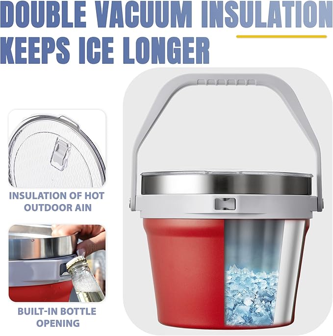COKTIK 7L Vacuum Insulated Ice Bucket with Lid and Scoop& Tongs，Large capacity Stainless Steel Beverage Bucket for Cocktail, Champagne, Wine, Beer，Large Parties（Red Suit）