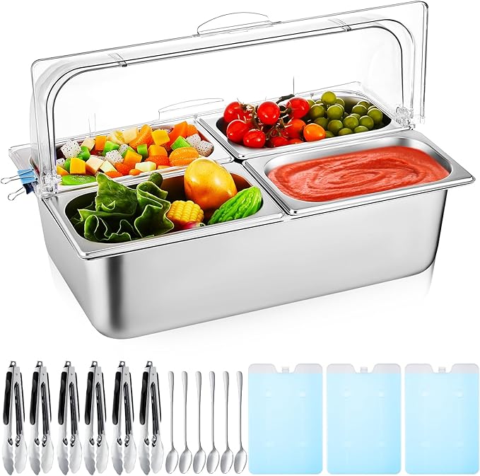 Tessco for you 16 Pcs Ice Food Spice Serving Display Countertop Chilled Condiment Container Set with Lid, Stainless Steel Salad Cold Caddy for Buffet Restaurant Kitchen Party(4 Compartments)