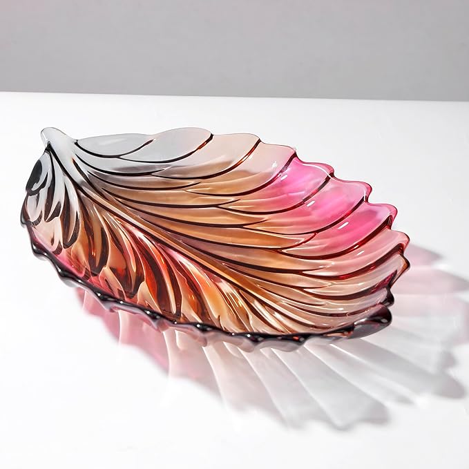 MAGCOLOR Creative Colorful Hand painted Crystal Glass Leaf-shaped Decorative Bowl -12.2 inch Diameter Fruit Display & Kitchen Table Centerpiece.