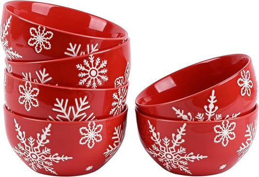6 Pcs Christmas Cereal Bowls, 23 Oz Ceramic Bowl Set, Deep Serving Bowls, White Red Snowflake Xmas Holiday Soup Bowls for Salad, Dessert, Pasta, Ice Cream, Dishwasher and Microwave Safe