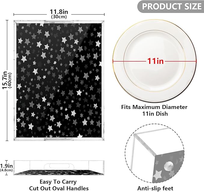 Serving Tray with Handles Clear Acrylic Tray 12x16 Inch Decorative Rectangular Tray Organizer for Ottoman Coffee Table Bathroom Cute Silver and Gray Stars