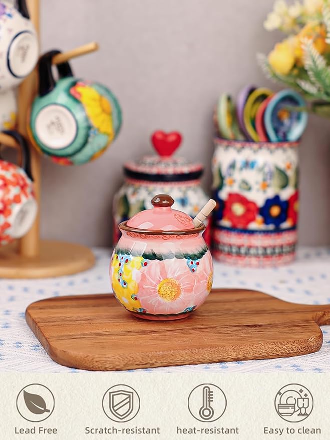 silesia Handmade Ceramic Honey Jar with Lid, 8 oz Floral Design Honey Pot with Dipper, Hand-Painted Honey Containers for Honey, Jam, or Syrup, Dishwasher Safe (Glazed Pink)