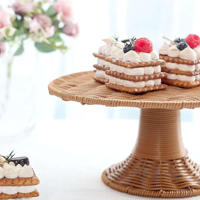 Efavormart Natural Plastic Rattan Wicker Pedestal Cake Stand, Round Rustic Cupcake Holder Dessert Table Display Centerpiece - 12"