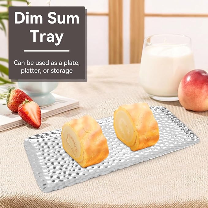 2pcs Bathroom Vanity Tray, Stainless Steel Silver Serving Tray Decorative Hammered Tray Soap Candles Perfume Tray Guest Towel Holder for Home Decor Bathroom Counter Restaurant, 3.7x7.7in