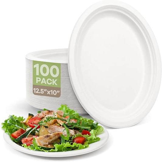 Disposable Oval Paper Plates, 100Pack 12.5inch Biodegradable Large, Compostable Heavy Duty Bagasse Platters Eco-Friendly Sugarcane Plates for BBQ, Party, Picnic - White