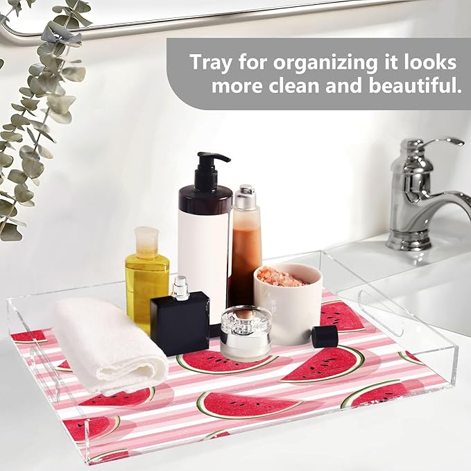 Serving Tray with Handles Clear Acrylic Tray 12x16 Inch Decorative Rectangular Tray Organizer for Ottoman Coffee Table Bathroom Pink and White Striped Juicy Watermelon Slices
