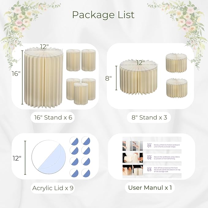Stacking-Block Design Cake Stands for Party, Customizable Height, Sturdy Cardboard Column with Acrylic Plate, Reusable Round Cylinder Stands for Party for Birthday, 9PCS, Milky White