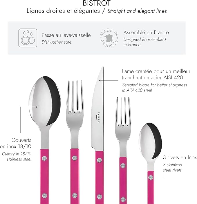 SABRE PARIS - 5-Piece Flatware Set - Bistrot Collection - Knife, Fork, Soup Spoon, Teaspoon & Dessert Fork - Stainless Steel & Nylon - Dishwasher Safe - Raspberry - Brilliant Finish
