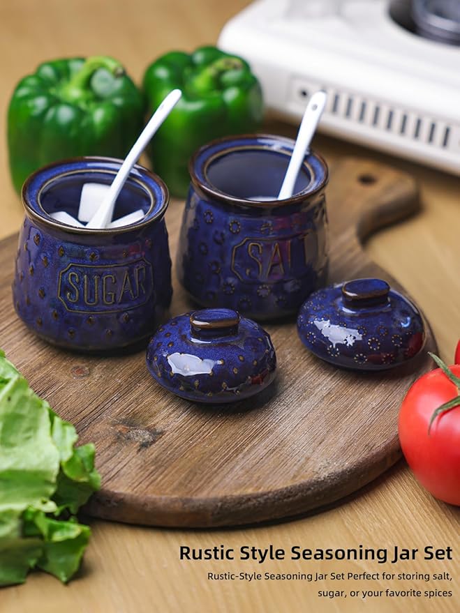 GDCZ 10 Oz Ceramic Salt and Sugar Bowls Set with Lid and Spoons, Seasoning Container, Dishwasher Safe, Set of 2 (Blue)