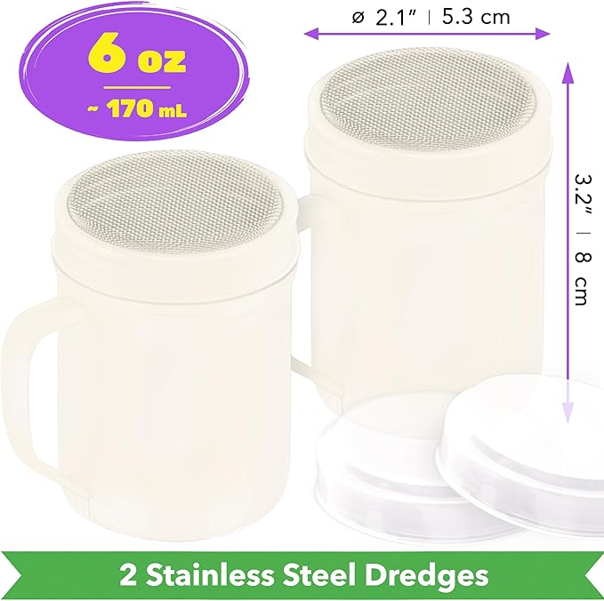 CUSINIUM 6 Ounce Ivory Powder Sugar Shaker With Handle - Fine Mesh - With Plastic Cap - Pack of 2