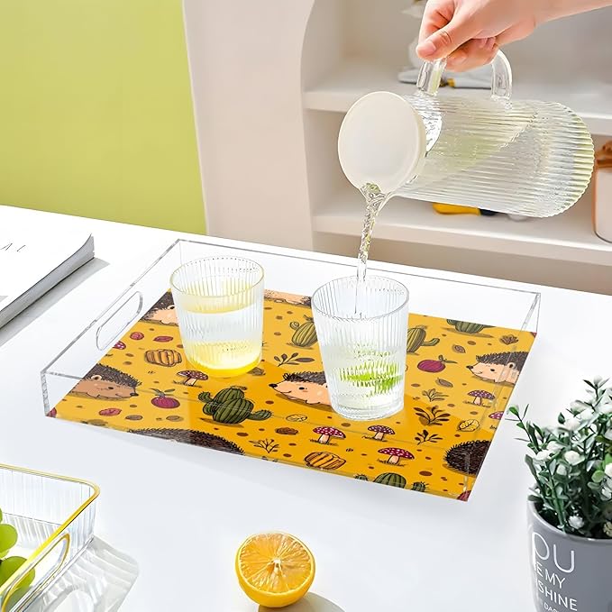 Serving Tray with Handles Clear Acrylic Tray 12x16 Inch Decorative Rectangular Tray Organizer for Ottoman Coffee Table Bathroom Hedgehogs Cactus Orange