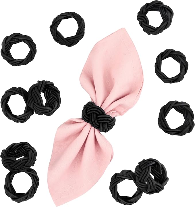 12 Pcs Woven Napkin Rings, Handmade Rustic Farmhouse Nautical Napkins Ring for Festives Gathering Banquet Wedding Birthday Table Decor Everyday Dining Decor (Black) - ALPHA Living HOME
