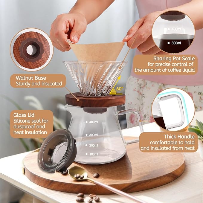 Pour Over Coffee Maker 400ml Borosilicate Glass Drip Coffeemaker Server Set with 50pcs V60 Cone Paper Filters Walnut Collar Glass Lid Clear Hand Brew Dripper Carafe for Home Camping Travel 13.5oz