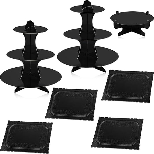 Zopeal 7 Pcs Dessert Table Display Set 3-Tier Cupcake Stand 1-Tier Cup Cake Display Tower Platters and Serving Trays Cardboard Cake Cookie Holders for Wedding Birthday Party Baby Shower(Black)