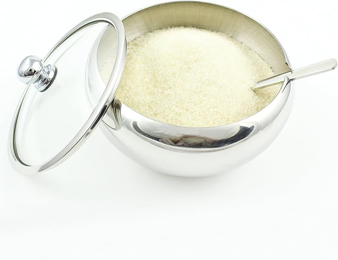 Zoie + Chloe Stainless Steel Sugar Bowl with Glass Lid - Bonus Spoon - 2 Cup Capacity (500ml)