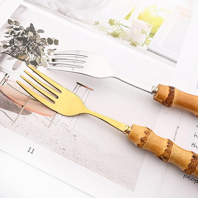 8pcs Dinner Fork, Stainless Steel and Natural Bamboo Cutlery Table Fork, Resuable Mirror Polish, Elegant and Exquisite Salad Fork, 8.07-inch, Silver
