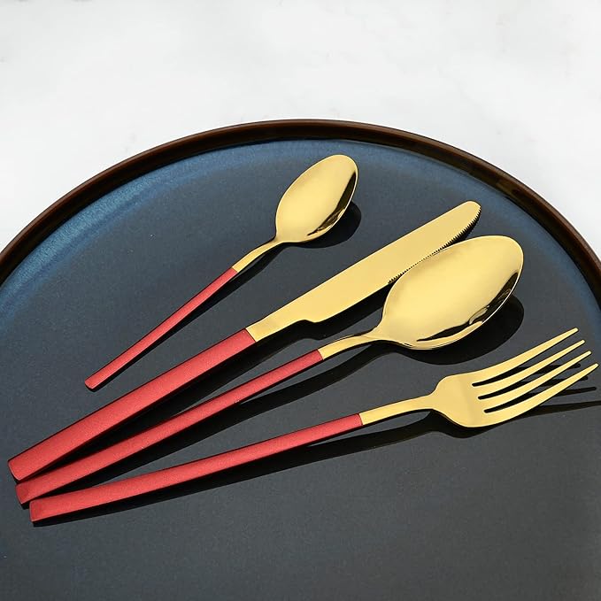 24 Piece Mirror Golden Plated 18/0 Stainless Steel Flatware Set, Red Handle With Golden Mouth Silverware Set With Teaspoon Cutlery Set Service for 6