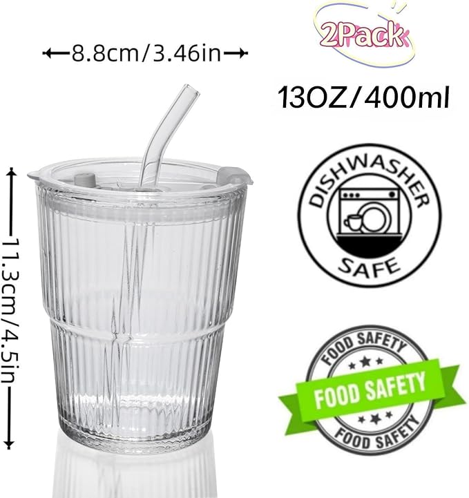 QWEZXO 13OZ/400ML Ice Coffee Glass Tumbler, Thick Wall Water Glass Cup Mug Tea with Straw and Lid Sealed Carry On （Clear） 2Pack