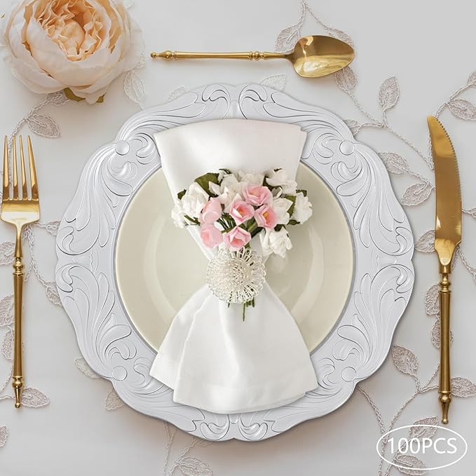 100 Pcs Antique Charger Plates Bulk Round Plastic Dinner Plate Embossed Rim Server Plate Decorative Chargers Floral Plates for Dinner Parties Wedding,13 Inch (100pcs-silver3)