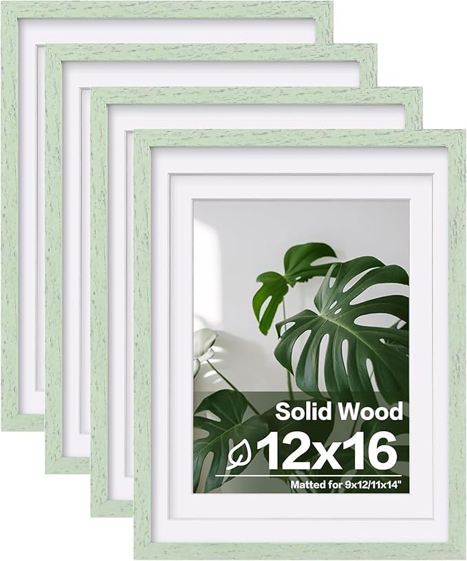 Egofine 12x16 Picture Frames Set of 4, Made of Solid Wood Covered by Plexiglass 9x12 and 11x14 with Mat or 12x16 without Mat, for Wall Mounting Photo Frame Rustic Green