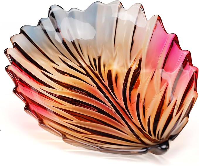 MAGCOLOR Creative Colorful Hand painted Crystal Glass Leaf-shaped Decorative Bowl -12.2 inch Diameter Fruit Display & Kitchen Table Centerpiece.