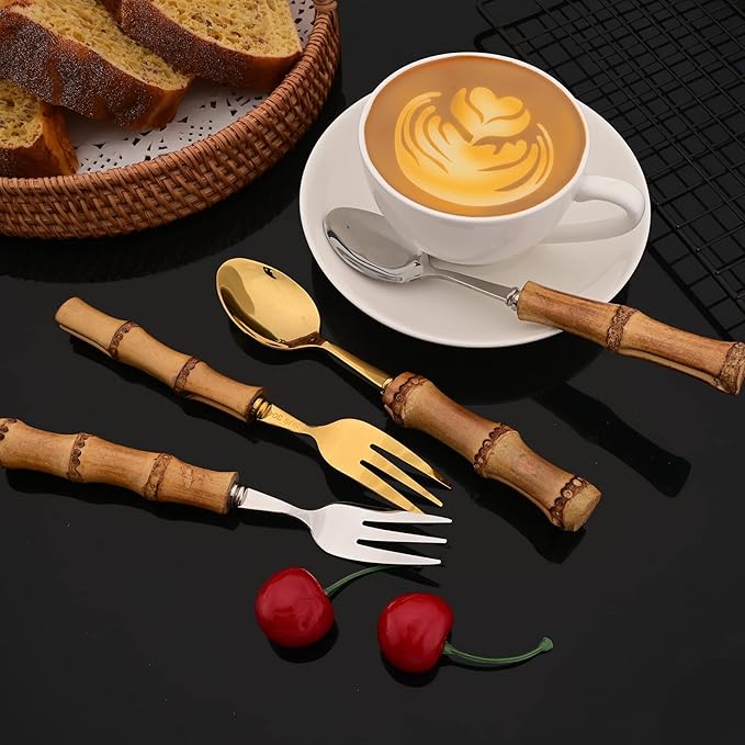 JASHII 30pcs Bamboo Handle Silverware Set, 304 Stainless Steel Gold Flatware Set, Service for 4, with 2pcs Serving Spoons.Mirror Polished, Reusable Bamboo Cutlery Set for Home Party