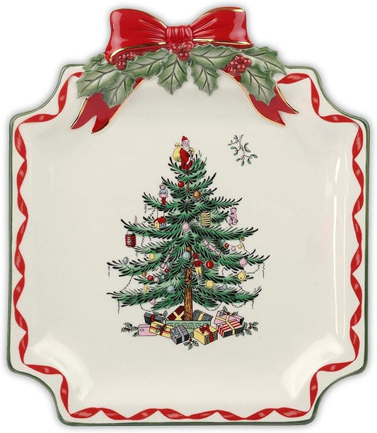 Spode Christmas Tree Ribbons Canape Platter - 6.5-Inch Holiday Serving Plate for Desserts, Appetizers, and Treats - Festive Earthenware Christmas Dinnerware with Gold Accents - Dishwasher Safe