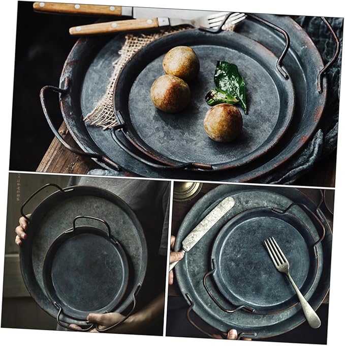 Happyyami Vintage Iron Storage Tray Serving Plate Decorative Decor Silver Decorative Tray Breakfast