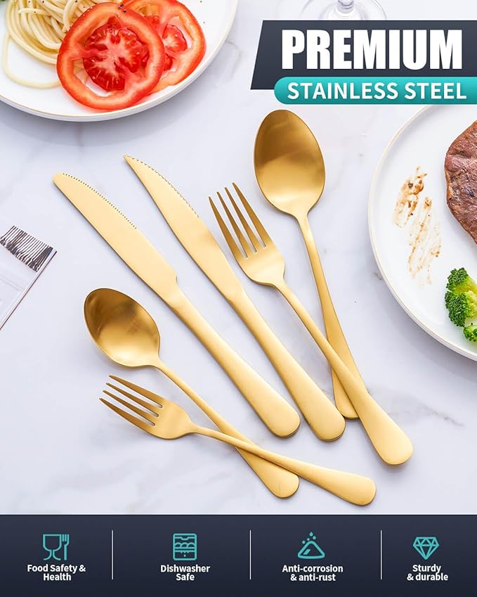 24-Pieces Matte Gold Silverware Set with Steak Knives,Stainless Steel Flatware Set,Cutlery Set Service for 6, Tableware Kitchen Utensil Set,Dishwasher Safe