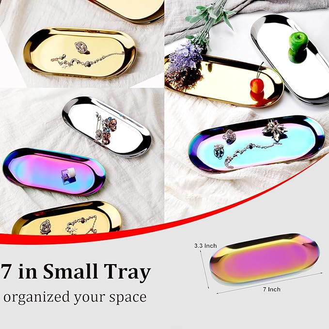 Stainless Steel Decorative Tray, Set of 2, 7 Inch Long, Jewelry Dish Cosmetics Organizer Bathroom Clutter Serving Platter Small Storage Tray, Oval, Holographic