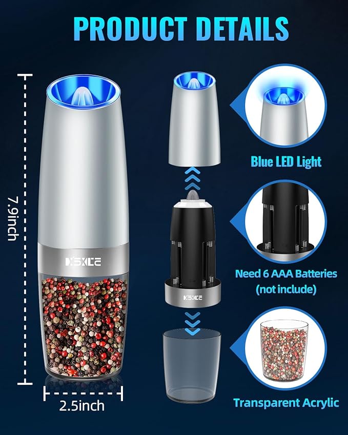 XinXu Gravity Electric Pepper and Salt Grinder Set, Adjustable Coarseness, with LED Light, One Hand Automatic Operation (Set/Light Grey X)