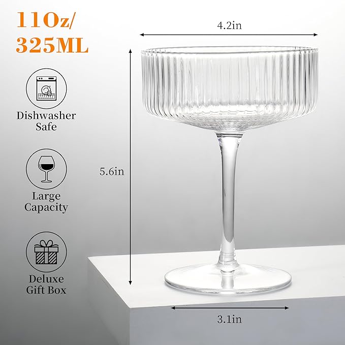 FERAHI 6 Pcs Ribbed Coupe Glasses, 10 oz Vintage Martini Glasses Set, Cute Espresso Martini Glass & Champagne Coupe Glass, Elegant Bar Glassware for Cocktails, Wine, Outdoor Entertaining & Gifts