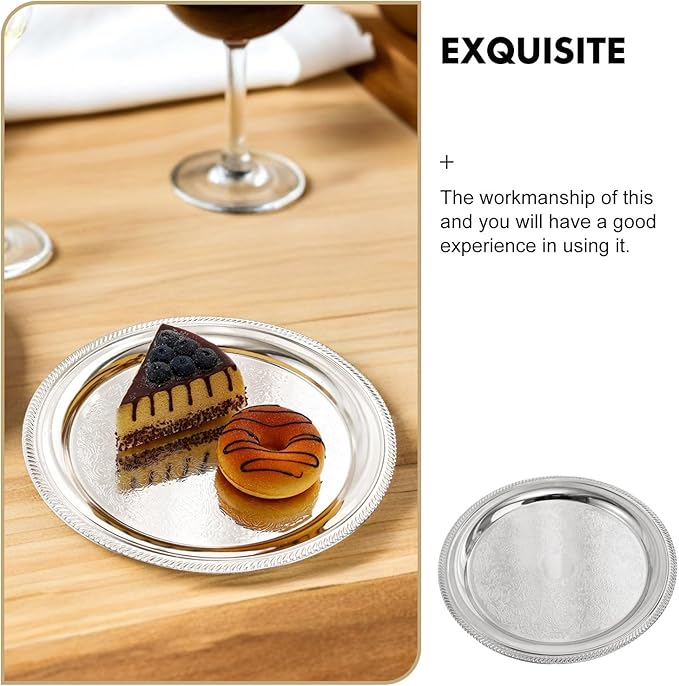 LUOZZY 2pcs Silver Metal Round Serving Tray for Dessert Cake Snacks Afternoon Tea Party