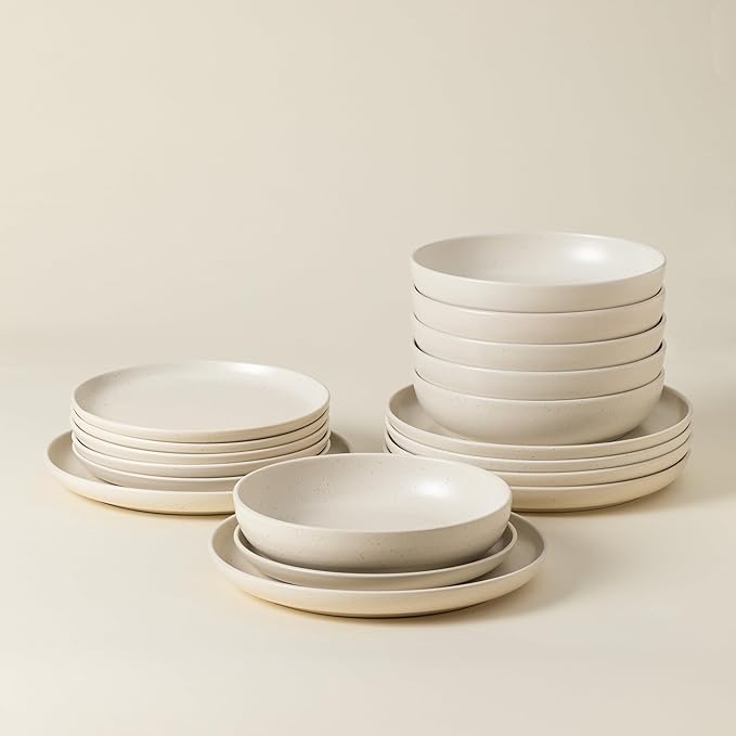 Casafina Ceramic Stoneware 18-Piece Place Setting Service for 6 with Pasta Bowls - Pacifica Collection, Vanilla | Microwave & Dishwasher Safe Dinnerware Set | Food Safe Restaurant Quality Tableware