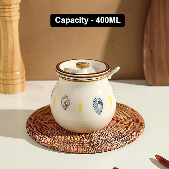 Ceramic Salt and Sugar Bowl, Porcelain Condiment Jars with Lid and Spoon, Seasoning Spice Pot Bowl, Salt Sugar Pepper Storage Jar, 400ml, Leaves